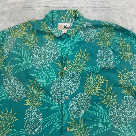 Reyn Spooner Hawaiian Shirt Mens Large Green Pineapple Leaf Beech Aloha Casual - Picture 2 of 7